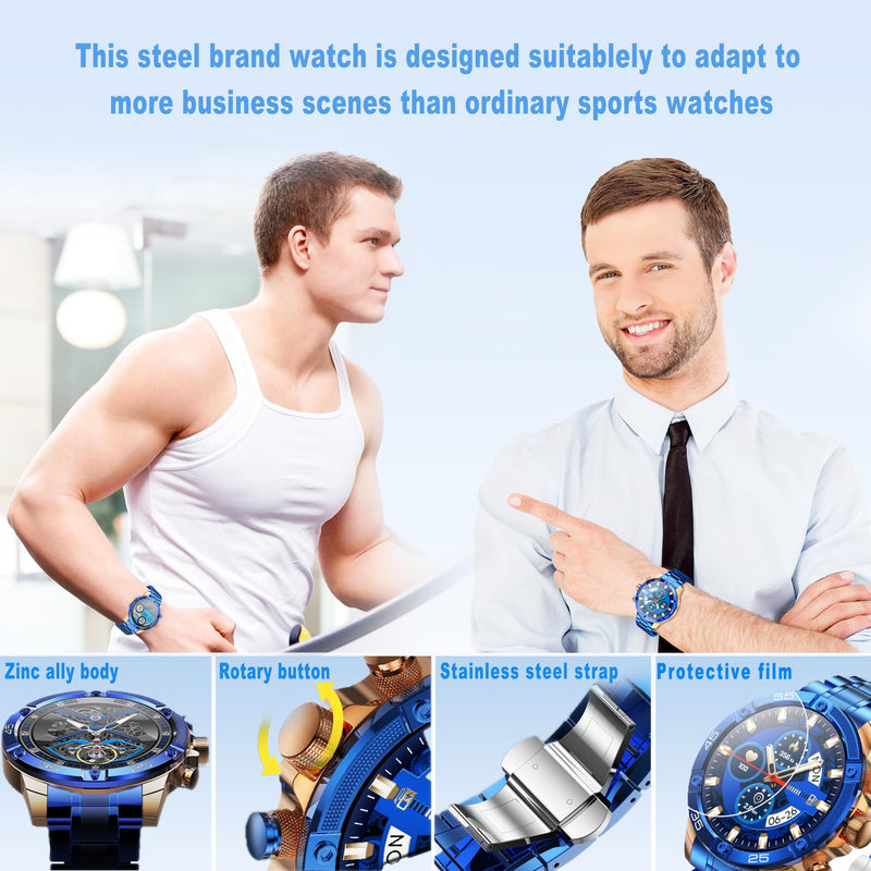 Men's Smart Watch Round HD 1.53" Gold Blue Smart Watches for Men, Multiple Sports Modes, Bluetooth Voice Call. Available for iOS and Android (Blue)