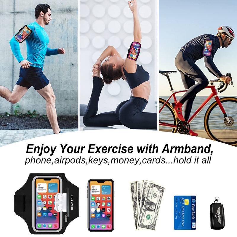 Armband for iPhone 15/15 Pro/14/14 Pro/13/13 Pro/13 Mini/12/12 Pro/12 Mini/11/11 Pro/XR/XS/X/SE/8/7/6,Water Resistant Sport Armband with Zipper Slot for Airpods and Car Key (Black) Black