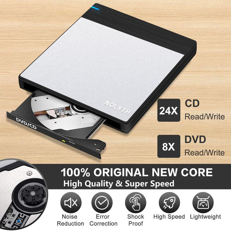 External CD Drive for Laptop: DVD Player for Mac Windows Plug & Play | External CD DVD Drive for Mac PC MacBook Windows 11, Slim USB Burner for Laptop with SD/TF/2 USB Ports, High-Speed Read Write Black Silver