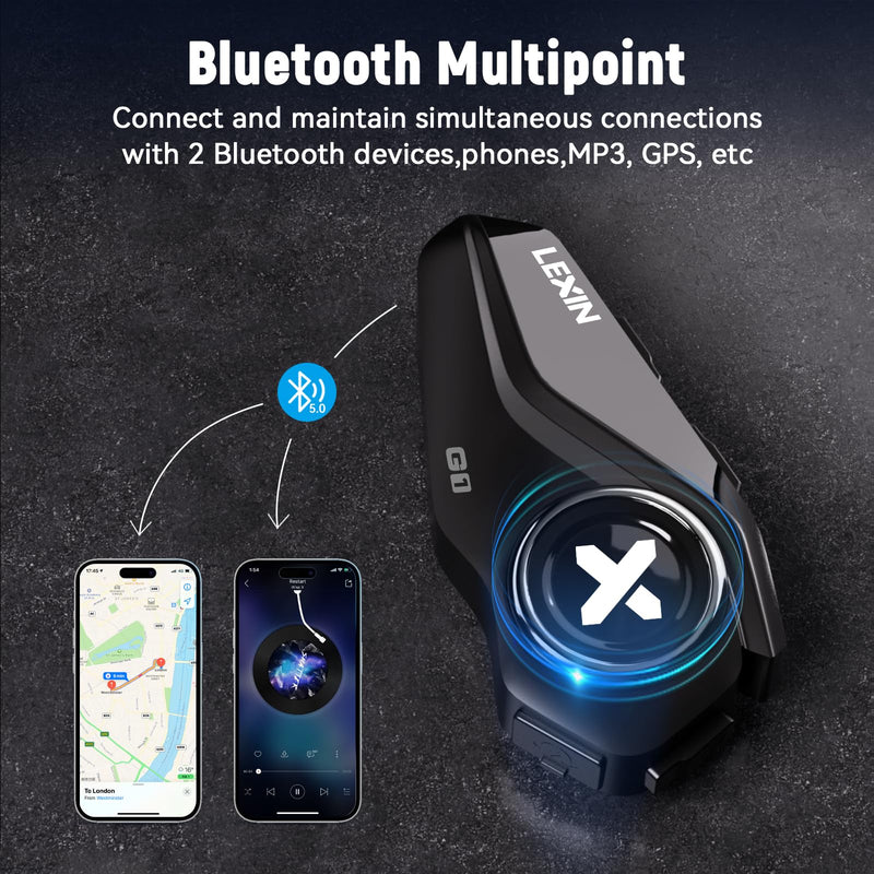 LEXIN G1 Motorcycle Bluetooth Headset, Waterproof Helmet Headphones with 2 Types Microphones, Hands-Free Call/Music/GPS, 6 Shells/USB-C Fast Charging/Noise Cancelling, Compatible with ATVs/Dirt Bike