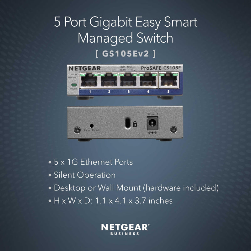 NETGEAR 5-Port Gigabit Ethernet Easy Smart Managed Switch (GS105Ev2) | Desktop or Wall Mount