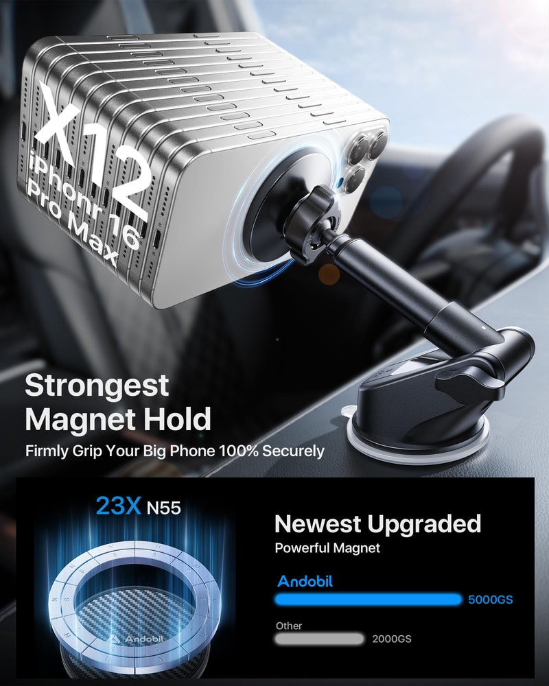 andobil for MagSafe Car Mount [85+LBS Strongest Suction & 2026 Military-Grade N55] Retractable Magnetic Phone Holder for Car Dashboard Windshield Vent, Car Phone Holder for iPhone 17 Pro Max 16 15 14 Dash & Windshield