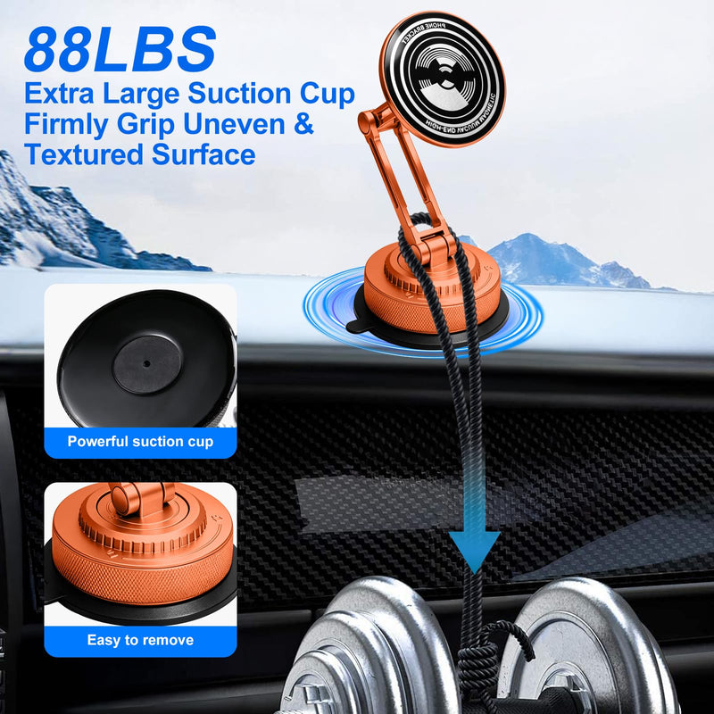 All-Metal Alloy Long Arm Magnetic Suction Cup Car Phone Mount(Orange) | Strong Powerful Magnetic Heavy-Duty Windshield Dash 360° Mechanical Rotation Cell Mobile Phone Vehicle Bracket for All Cars Orange