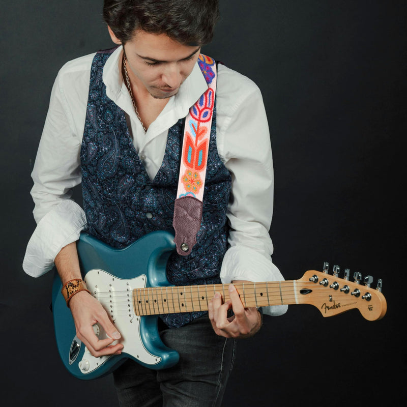[AUSTRALIA] - Guitar Strap 2", Soft Woolen Knit, Cowhide Leather End, for Acoustic and Bass Electric Guitars, Free Button, 2 Strap Locks and 4 Guitar Picks Animated Flower-1 