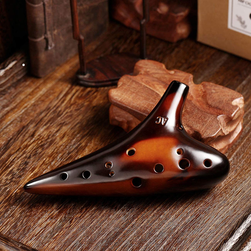 MIFOGE Ocarina 12 Hole Tones Alto C with Gift Wrapping Display Stand Neck Cord Protective Cover Song Book Strawfire Masterpiece Collectible Music Instrument Gift Idea For Beginner Musician Brown Strawfire