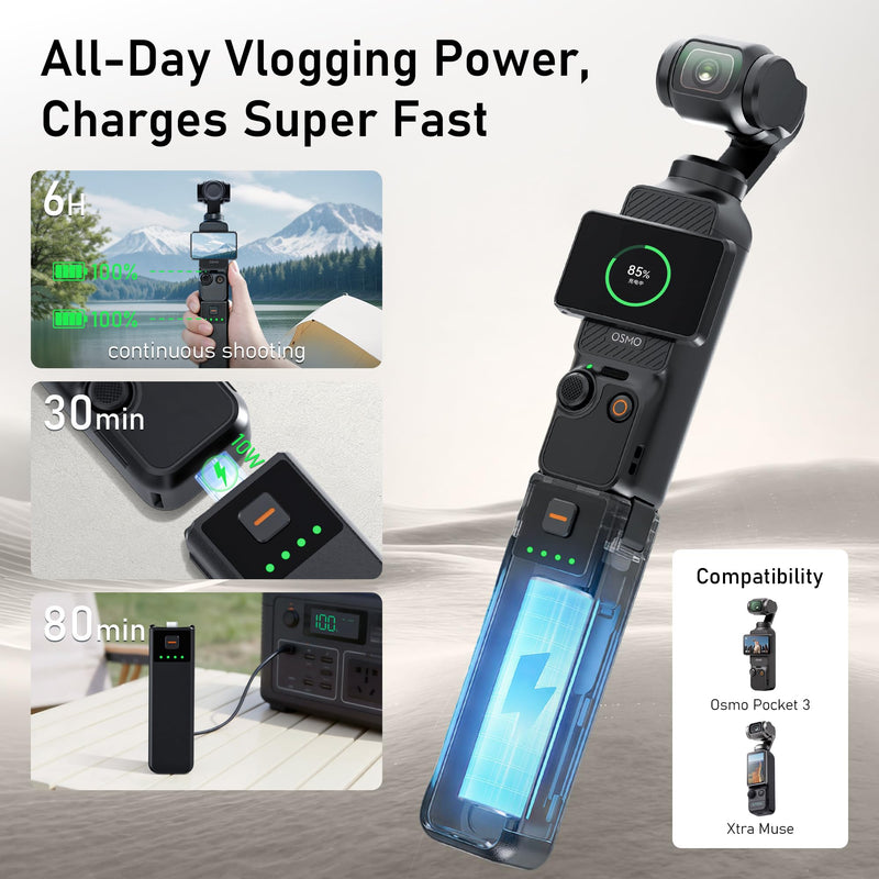 [AUSTRALIA] - CYNOVA Osmo Pocket 3 Battery Handle for DJI Osmo Pocket 3 Accessories, Pocket 3 Battery Grips Compatible with Xtra Muse, 5000mAh 22.5W Fast Charging Power and Reserved 1/4”Thread 