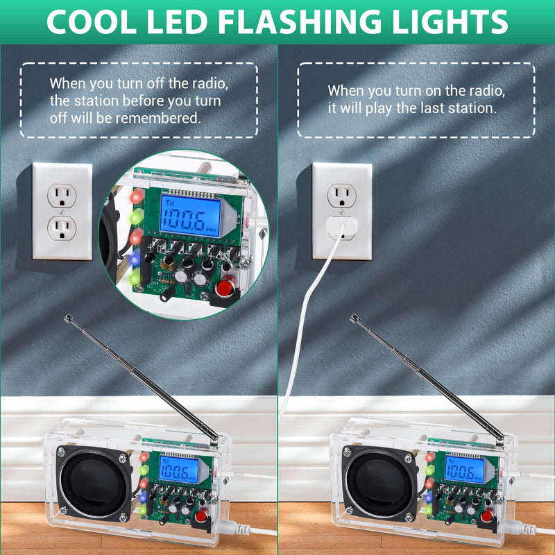 FM Radio Kit, Icstation Soldering Project Radio with LED Flashing Lights DIY Radio Kits with Headphone Jack LCD Display Soldering Practice Kit FM 76-108MHz for STEM Educational DIY Present