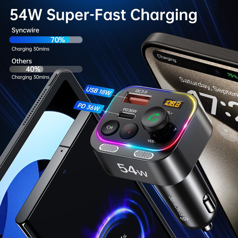 [AUSTRALIA] - Syncwire Bluetooth 5.4 FM Transmitter Car Adapter 54W (PD 36W & 18W) [Stronger Dual Mics] [Light Switch] [HiFi Bass Sound] [Fast Charging] Wireless Radio Receiver Hands-Free Calling LED Display Black 