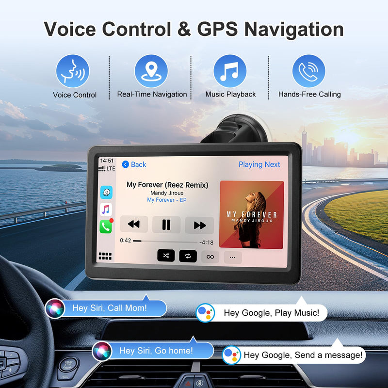 Carplay Screen for Car, 7" Wireless Carplay & Android Auto, Portable HD Touchscreen with Mirror Link, GPS Navigation, Voice Control, Hands-Free Calling, Bluetooth/AUX/FM, Plug & Play Car Play Screen Black