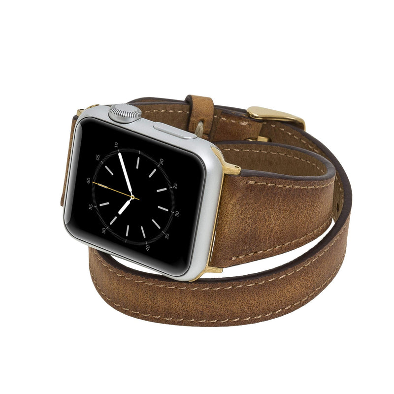 Venito Serena Slim Double Wrap Leather Watch Band Compatible with Apple Watch iwatch Series 1, 2, 3, 4, 5, 6, 7, SE (Antique Brown w/Gold Stainless Steel Hardware, 38mm-40mm)