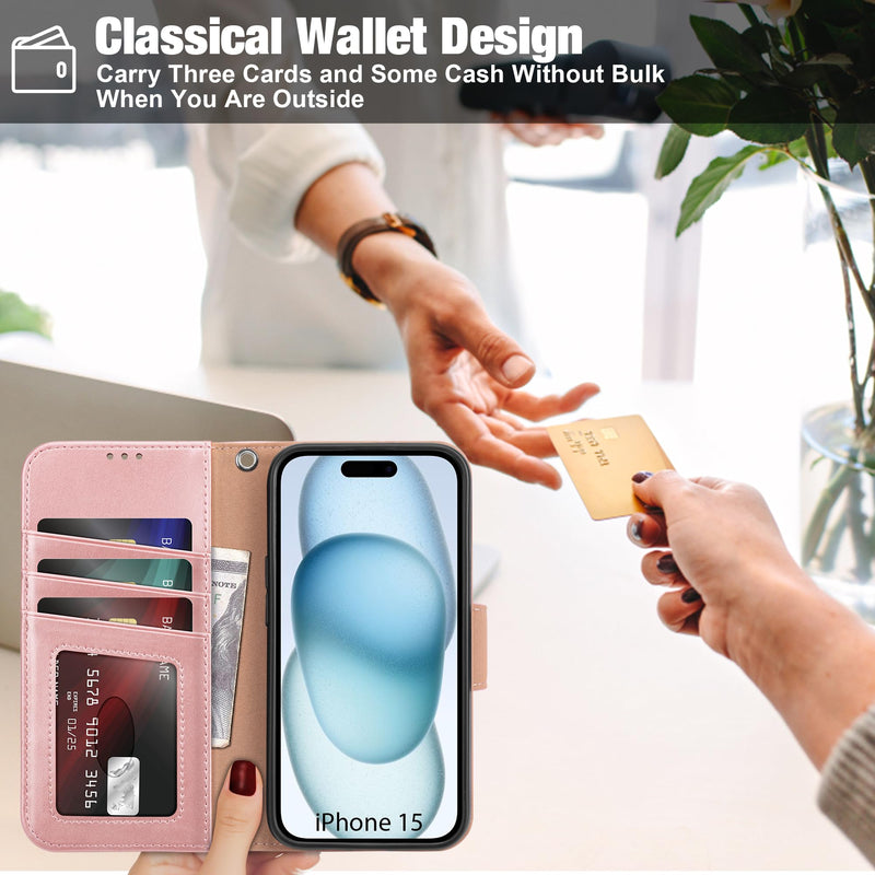 Arae Compatible with iPhone 15 Case with Card Holder and Wrist Strap Wallet Flip Cover for iPhone 15 6.1 inch,Rose Gold Rose Gold
