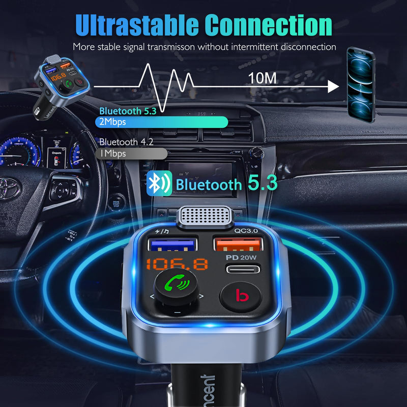 LENCENT FM Transmitter in-Car Adapter,Type-C PD 20W+ QC3.0 Fast USB Charger, Wireless Bluetooth 5.0 Radio Car Kit,Hands Free Calling, Mp3 Player Receiver Hi Fi Bass Support U Disk Blue-38W