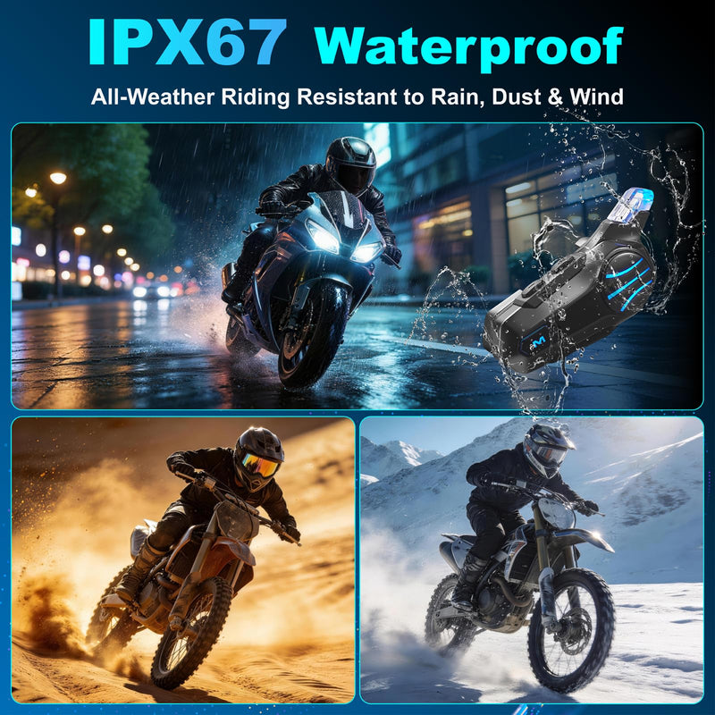 Motorcycle Helmet Bluetooth Headset - V5.4 Motorcycle Communication System | 2-Way Helmet Intercom, Helmet Speakers & Mics CVC/DSP Noise Cancellation, IP67 Waterproof, Hands-Free Call Music Black Body with Colorful Lighting