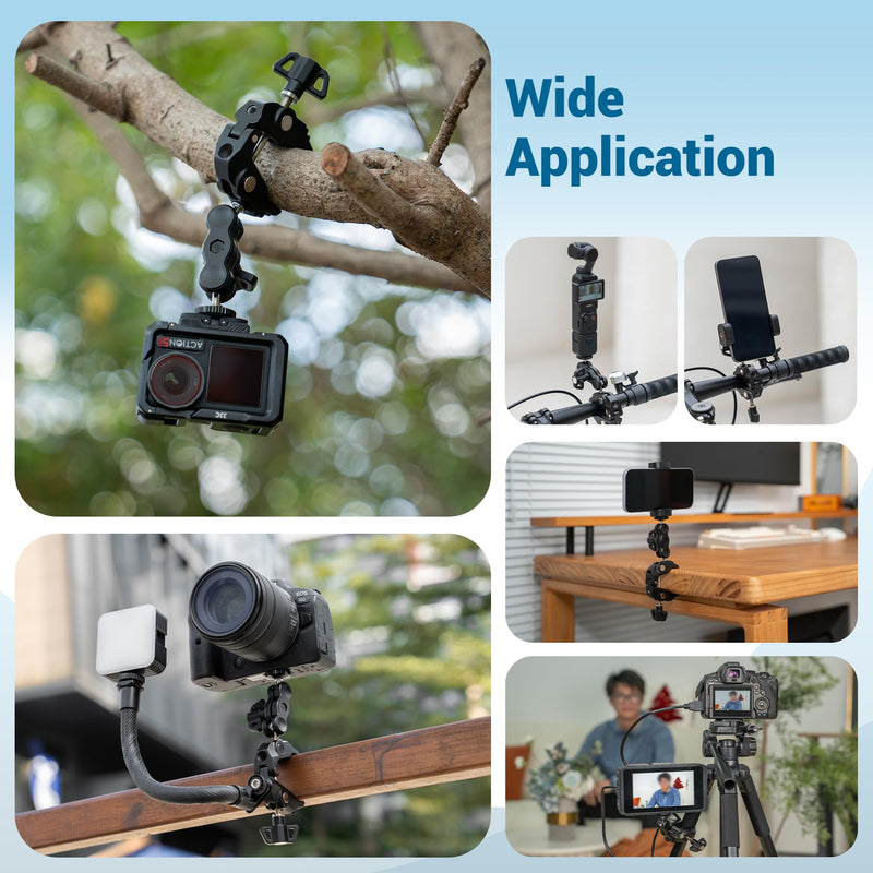 JJC Super Camera Clamp Mount Kit with 1/4'' Ballhead for DSLR DJI Osmo Gopro Hero Insta360 Action Camera Smartphone on Desk Motorcycle Bicycle Bracket Handrail Trolley Cross Bar Flag Vlog Video Record Clamp Kit