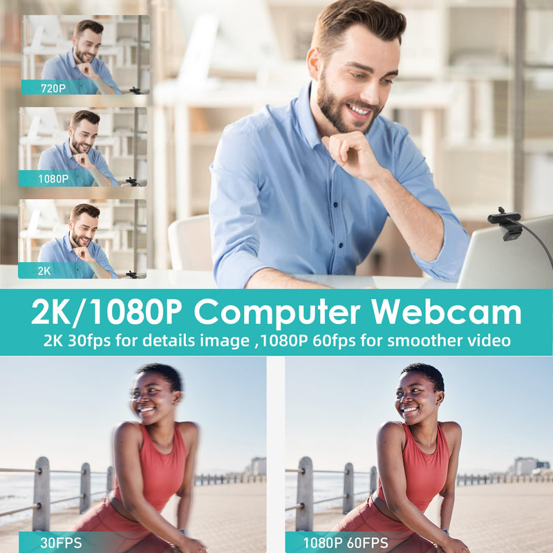 2K Webcam, SAYLAS FHD Streaming Camera with 2K/30fps, 1080P/60fps, Autofocus, Dual Noise-Cancelling Microphones, Privacy Cover and Tripod, for Computer/Zoom/Skype/Teams/Laptop/MacBook/Windows