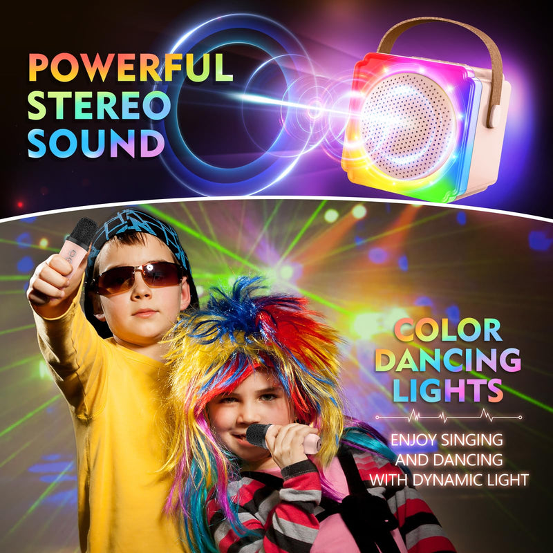 BAYSING Karaoke Machine for Kids, Portable Bluetooth Speaker with 2 Wireless Microphones, Mini Karaoke Machine with LED Light, Ideal Christmas, Birthday Toys Gift for 4, 5, 6, 7, 8, 9 Years Girl, Boy Pink