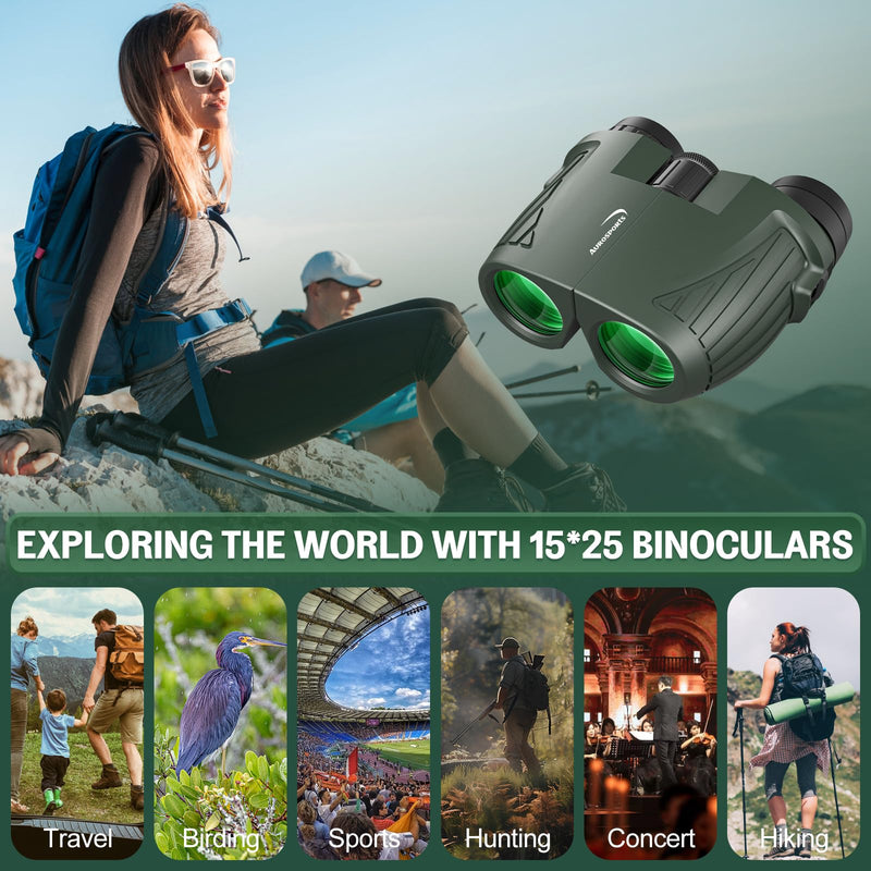 [AUSTRALIA] - Aurosports 15x25 Compact Binoculars for Adult Kids - High Power Binoculars for Bird Watching - Easy Focus Small Binocular with Low Light Vision for Travel, Camping, Concert, Hiking -Green 