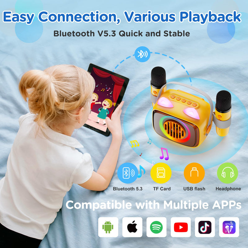 BIGASUO Karaoke Machine for Kids, Mini Portable Bluetooth Speaker with 2 Wireless Microphones and LED Lights, Kids Toys Ideal Gifts for Girls & Boys Birthday Home Party 1