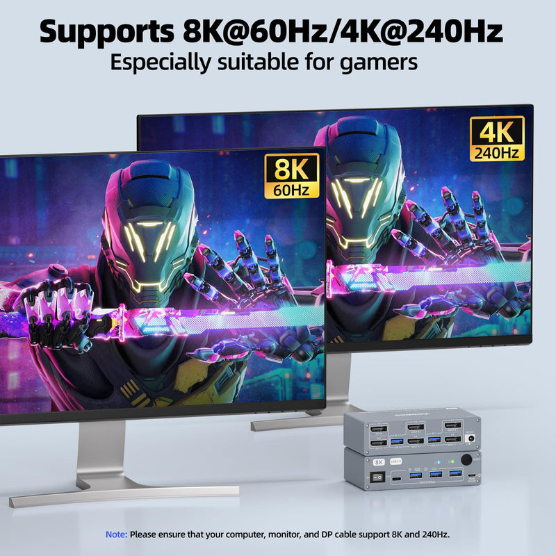 Displayport KVM Switch 2 Computers 2 Monitors, 8K@60Hz/4K@240Hz Dual Monitor KVM Switch for 2 PCs Share 2 Monitors, with 4 USB3.0 Ports, USB Cables and Power Adapter,Grey 12cm DP KVM Grey 12 cm DP 2 in 2 Out
