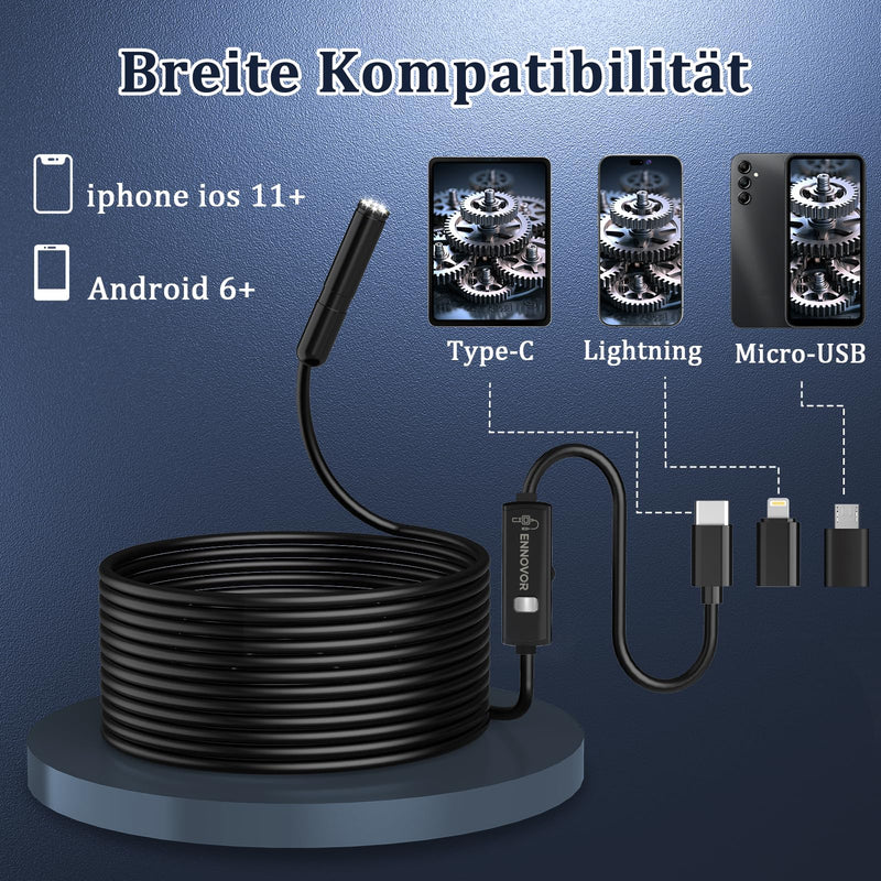 Ennovor Endoscope Camera with Light, 1920P HD Inspection Camera, Channel Camera 7.9mm with 8 LED Light, Waterproof IP67 Tube Camera, No WiFi, for Android & iOS, for Cars | Pipes | Machinery (5M) W401