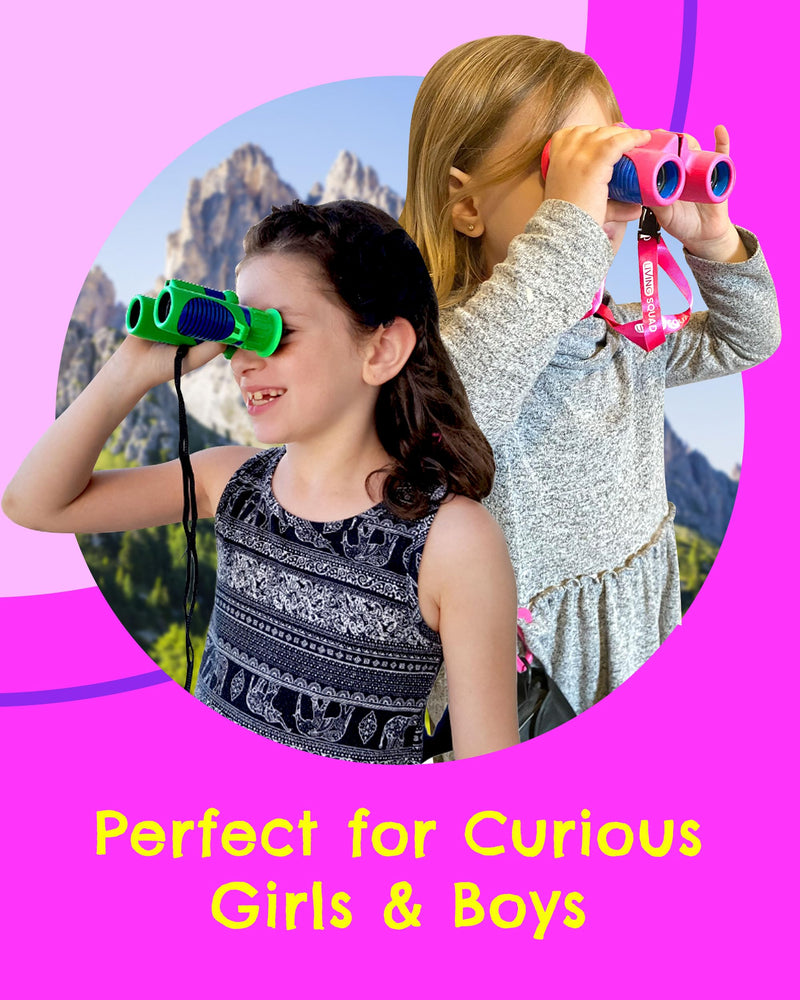 Kids Binoculars 8x21 Pink- Girls Age 3-12, Shock Proof Compact Binoculars for Kids Set- Neck Strap, Compass, Carabiner, Case- High-Resolution Optics Child Gift Toy for Bird Watching, Hiking, Spy Pink/Blue