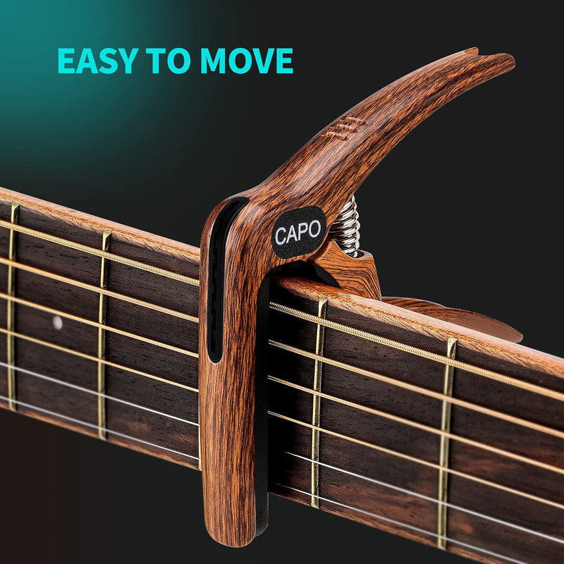 Guitar Capo, 3-in-1 multifunction capo for Acoustic and Electric Guitars (Free bonus 4 picks) with Pick Holder and Pin Puller, Guitar Accessories, wood grain color