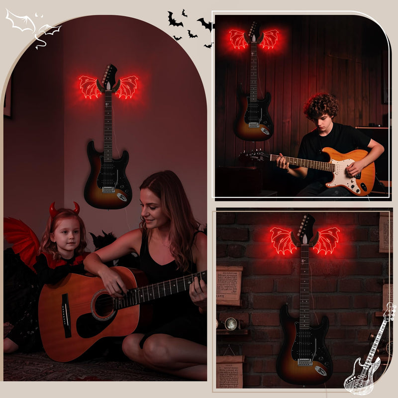 Guitar Stand Wall Mount with Luminous Devil Wings, Acrylic Wooden Guitar Hanger Shelf with USB Powered, for Acoustic Electric Bass Ukulele, Gift for Music Lovers Guitar Players Red devil