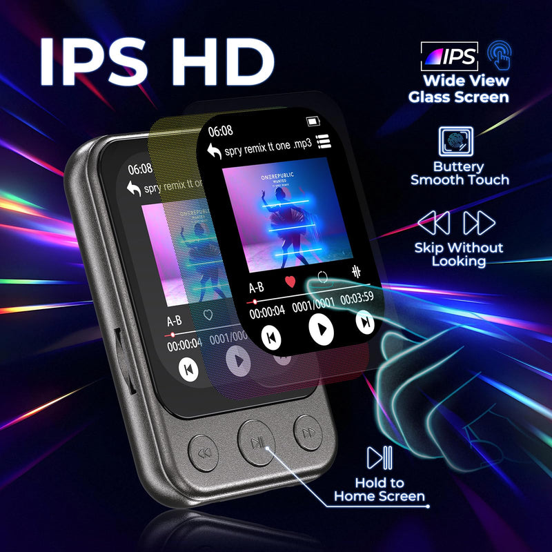 64GB Clip on MP3 Player with Bluetooth 5.3, Built-in Speaker, 2" HD Touchscreen, FM Radio, Voice Recorder, Portable Music Player for Running, Gym, Shuffle Audio Video, Up to 128GB MicroSD Card Gunmetal Grey