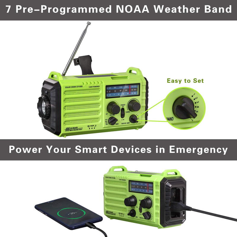 Emergency Radio Hand Crank Solar, 5000mAh AM/FM/SW NOAA Weather Radio, Portable Battery Operated Radio with Cell Phone Charger, 3W LED Flashlight & Reading Lamp, SOS for Home,Storm,Camping,Survival
