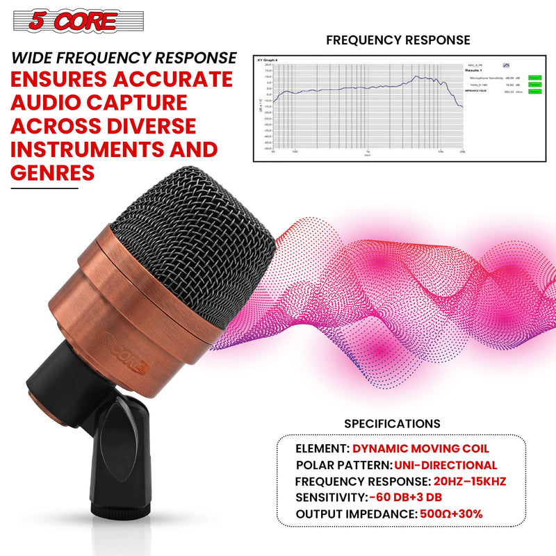 5 CORE Tom Microphone Copper Finish XLR Wired Uni Directional Snare Drum and Other Musical Instrument Mic w Swivel-Mount Steel Mesh Grille Tripod Carry Case Included Tom XP COPPEREX Metallic