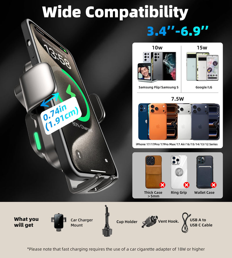 Dual Coil 15W Cup Phone Holder Mount,Wireless Car Charger Auto-Clamping Fast Charging Vent Phone Holders for Your Car for iPhone 17/16/15,Samsung Flip S25 S24 S23 S22 Ultra Black