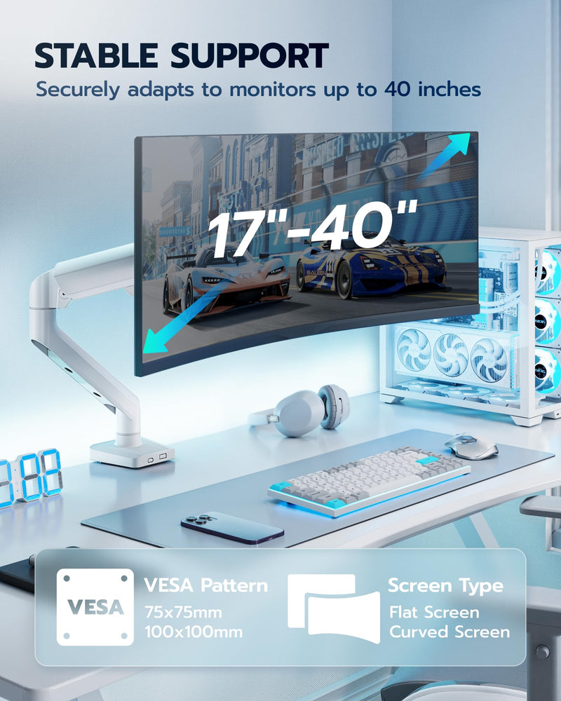 ARES WING 17-40 Inch Heavy Duty Monitor Arm, White | Fully Adjustable Monitor Mount for Ultrawide Screens up to 26.4 lbs with Clamp/Grommet Desk Mount, 75/100 Vesa Mount Non USB