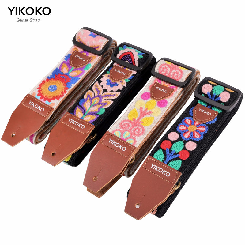 Guitar Strap，2 inch Flower Knit Cotton Guitar Straps with Full Grain Leather End, for Bass Electric and Acoustic Guitars, Free Strap Button, 2 Strap Locks and 4 Guitar Picks Colorful Flower 03