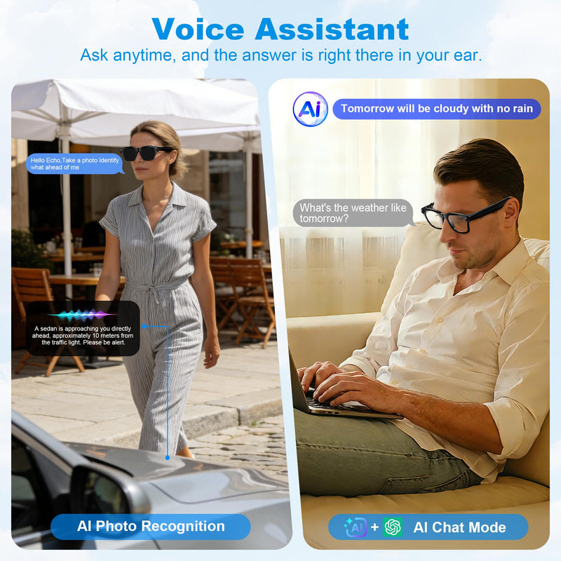 AI Smart Glasses with Camera, 8MP HD Camera Glasses for Women Men, Video Recording Sunglasses with Voice Assistant, Open-Ear Audio, Real-Time Translation for Life &Work Vlog, Black(3 Lenses)