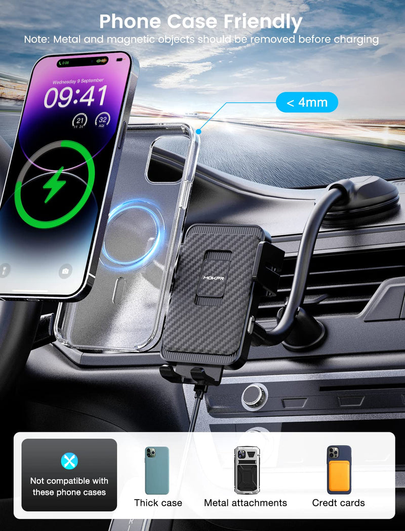 Wireless Car Charger, MOKPR 15W Fast Charging Car Mount Auto-Clamping Car Charger, Dashboard Windshield Phone Holder Compatible with iPhone 16 15/14/13/13 Pro/12 Pro12/11/X, Samsung S23/S22/S10/S9/S8 | [with Anti Shake stabilizer]Auto-Clamping Fast Cha...