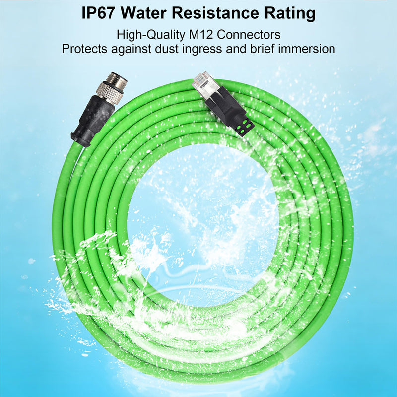 M12 D-Code 4-Pin Male to RJ45 Industrial Ethernet Cable, 10M (32.8ft), 24AWG CAT5e SFTP Shielded PVC, IP67 Waterproof, for Profinet, Cognex, Keyence, Basler Vision Camera & Automation Green