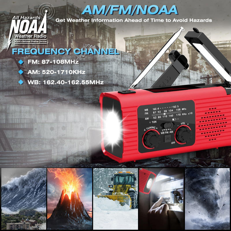 Emergency Radio, Hand Crank Radio Solar for Hurricane Supplies, AM/FM NOAA Portable Weather Radio 2000mAh with LED Flashlight, Power Bank, SOS Alarm 180°Rotatable Reading Lamp for Emergency Red