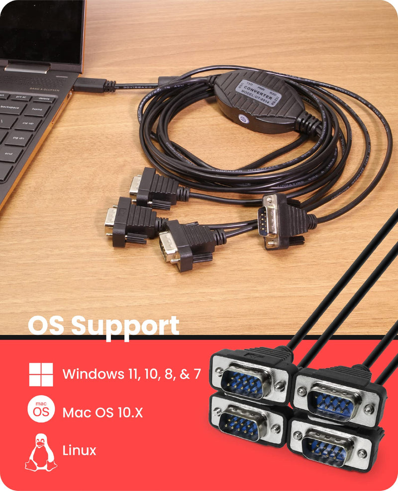 Gearmo 4 Port USB Type-C to Serial Adapter with Per Port LED Rx / TX