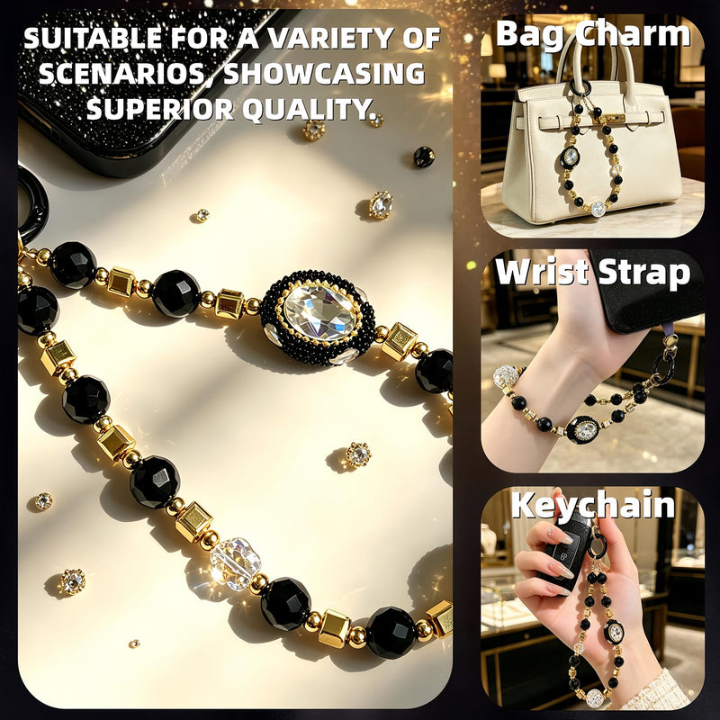 Luxury Beaded Phone Wrist Strap, Boho Rhinestone Phone Charm | Black Gold Glitter Crystal Diamond Phone Wristlet, Anti-Theft, Anti-Drop Short Strap, Hands-Free Phone Lanyard for Women