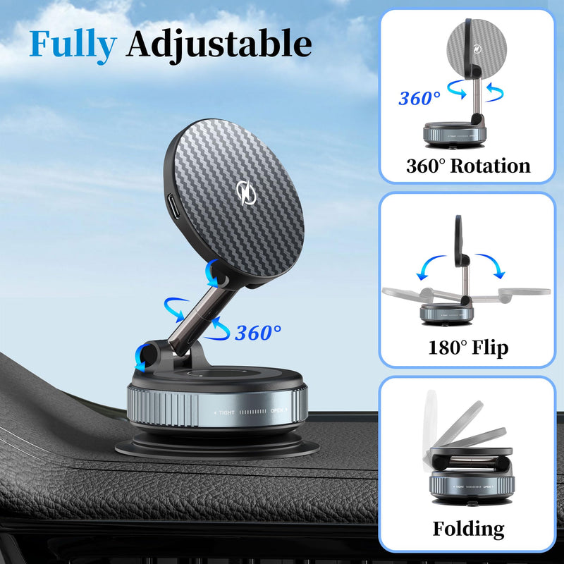 PlusAcc Vacuum Magnetic Phone Holder for Car, Mount for MagSafe, Charging | Suction Cup 360° Rotatable Strong Magnet Stand for iPhone 17/16/15/14/13 in Smooth Surface