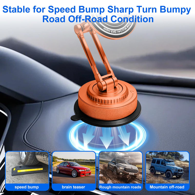 All-Metal Alloy Long Arm Magnetic Suction Cup Car Phone Mount(Orange) | Strong Powerful Magnetic Heavy-Duty Windshield Dash 360° Mechanical Rotation Cell Mobile Phone Vehicle Bracket for All Cars Orange