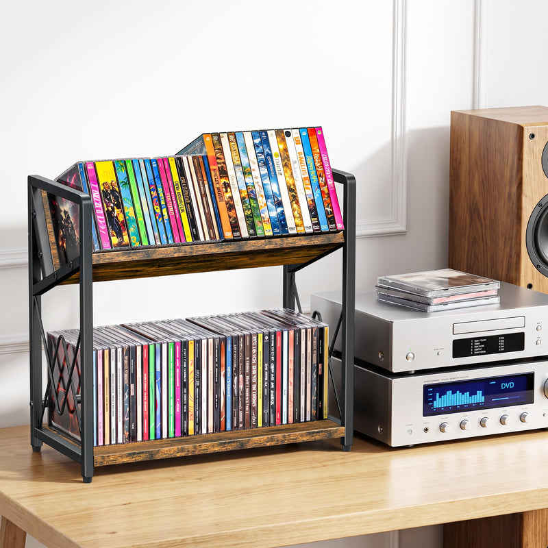 CD Storage Rack, 2-Tier CD Holder Rack, DVD Shelf Holds Store up to 80 CDs | cd display Retro Desk DVD Organizer Tower for Music Enthusiasts, Brown