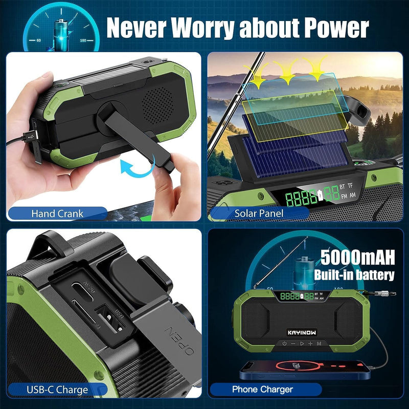 [AUSTRALIA] - Emergency Radio Waterproof Bluetooth Speaker,Portable AM FM Radio with Flashlight,Reading Lamp,Hand Crank NOAA Weather Radio with Solar Panel,5000mAh/18500mWh Cell Phone Charger,Emergency Survival Kit Green 