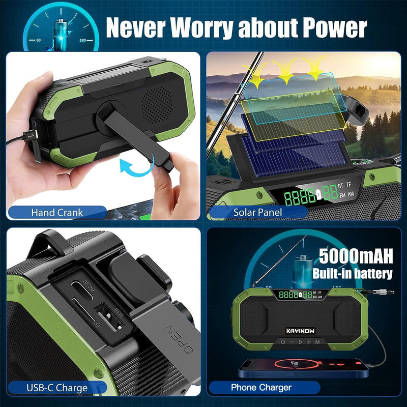 [AUSTRALIA] - Hand Crank Solar Power Emergency Radio with Waterproof Bluetooth Speaker,Portable AM FM NOAA Weather Radio,5000mAh/18500mWh Rechargeable, Phone Charger,Flashlight,SOS,Survival Storm Camping Green 