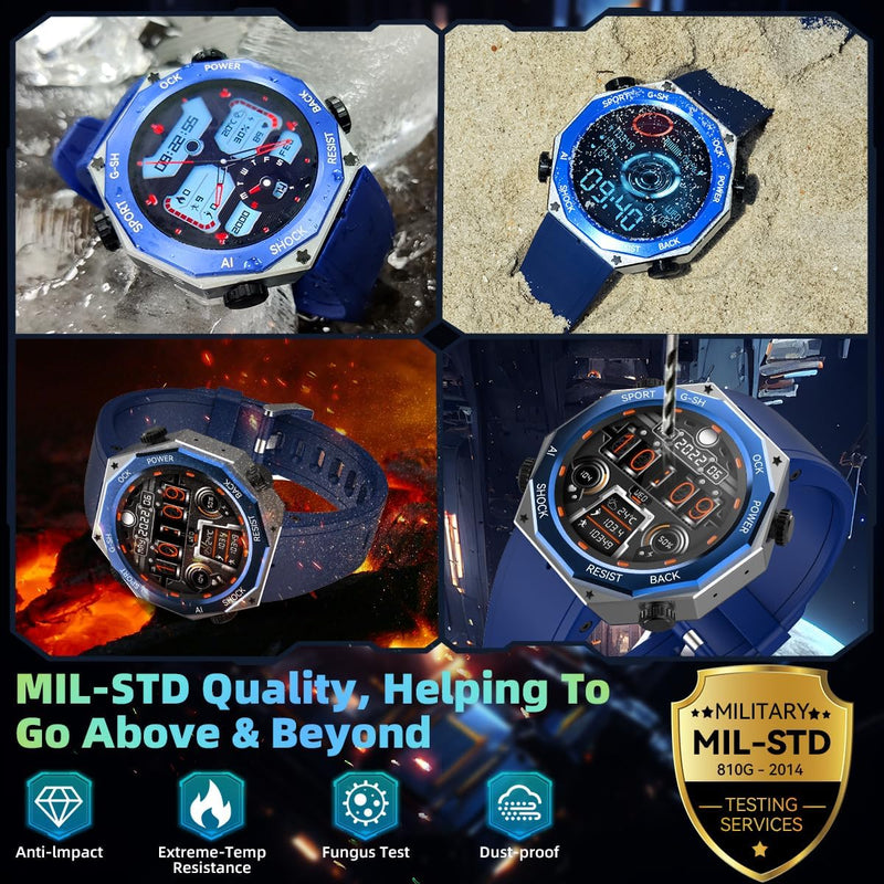 Rogbid Military Smart Watch for Men (Answer/Make Call) 1.45" AMOLED 680mAH IP69 Waterproof Smartwatch for iOS Android Phones Fitness Tracker Watch Heart Rate Blood Pressure Sleep Monitoring Blue