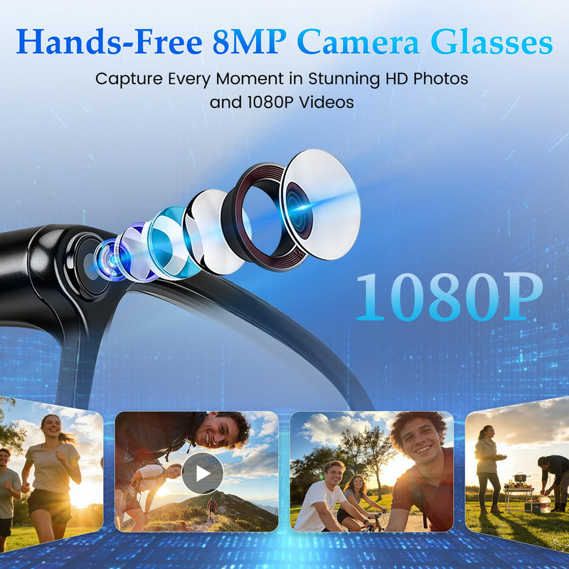 AI Smart Glasses with 8MP Camera, AI Assistant & Bluetooth Audio | 1080P Video, HD Photos, Real-Time Translation, Open-Ear Calls & Music, Photochromic Lenses with UV Protection for Men Women Standard
