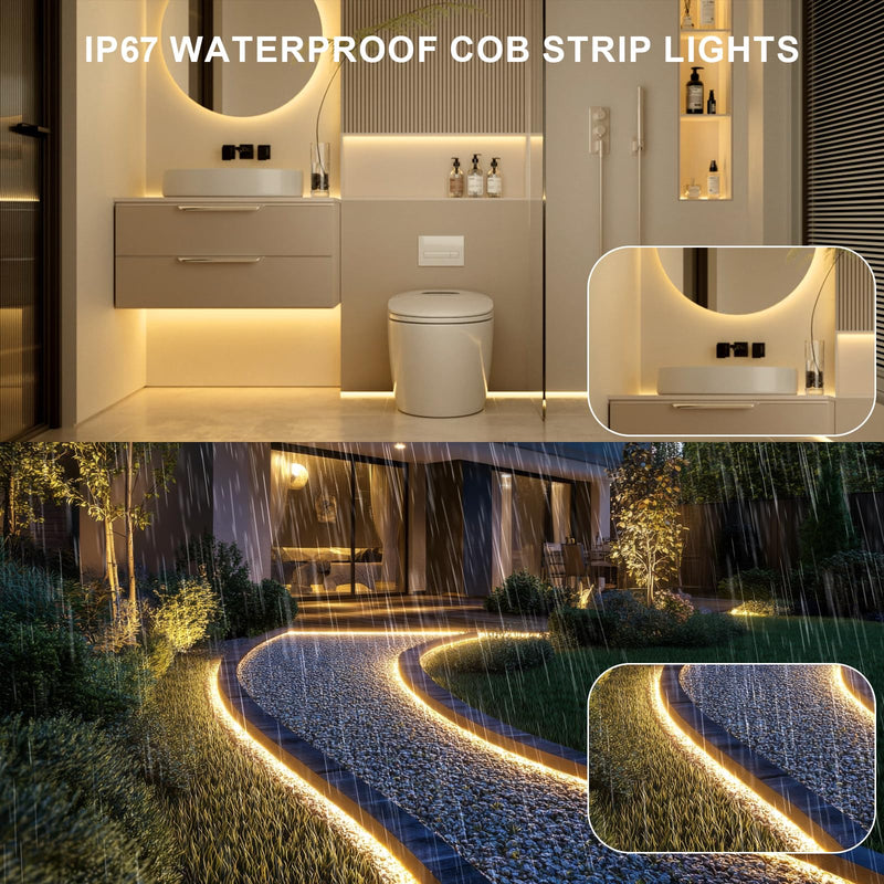 [AUSTRALIA] - 20ft COB Outdoor LED Strip IP67 Waterproof, 6500K Cold Whit DC24V Flexible LED Rope Strips with Remote & App Control Dimmable, DIY Lighting for Indoor, Outdoor, Bedroom, Garden, Patio 20FT COB 3000K 