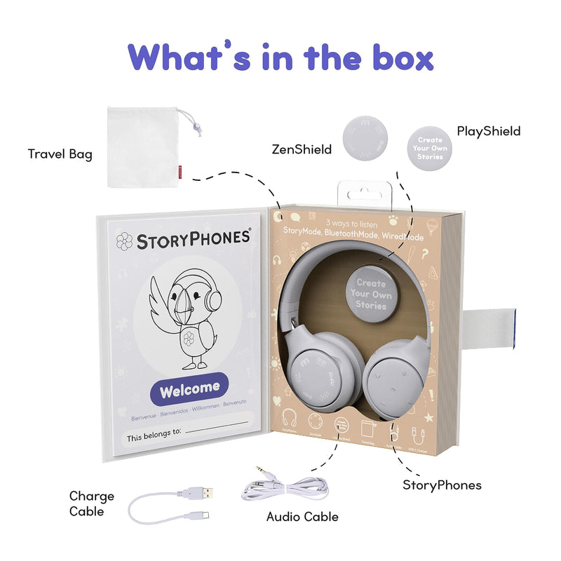 STORYPHONES, Storytelling Foldable Bluetooth Kids Headphones-Intro Bundle with ZenDisk and PlayShield, Perfect for Travel, Learning, Screen-Free Entertainment, Stories and Music by Onanoff (Grey) Grey