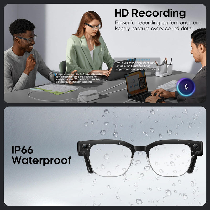 Yowow BIT AI Smart Camera Glasses with HD 8MP Camera, 4K Photos & 1080P Video,Anti-Shake, 12H Music/Bluetooth Calls, Real-time Translation/GPT Object Recognition, IP66 Waterproof, Blue Light Glasses