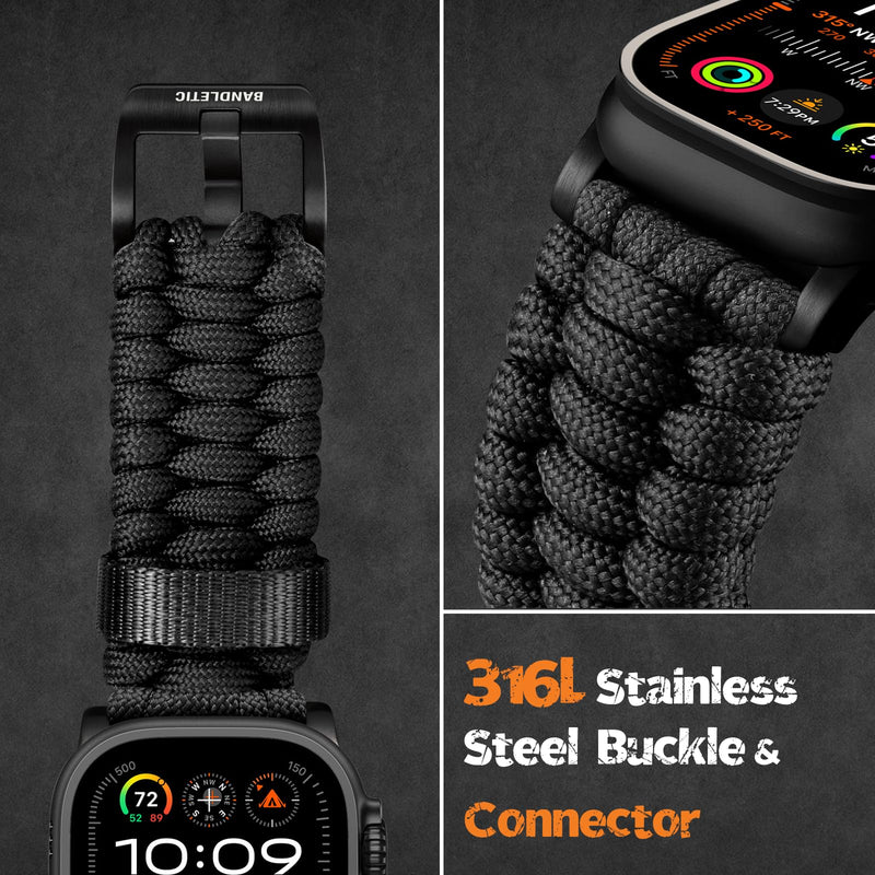 Bandletic Rugged Nylon Paracord Compatible with Apple Watch Bands for Men | Straps for 49mm Ultra, Series 11 10 46mm, 9/8/7 45mm, SE3/SE2/SE/6/5/4 44mm, 3/2/1 42mm Heikou-Black Large (6.7"- 7.7")49/46/45/44/42(S3/2/1)